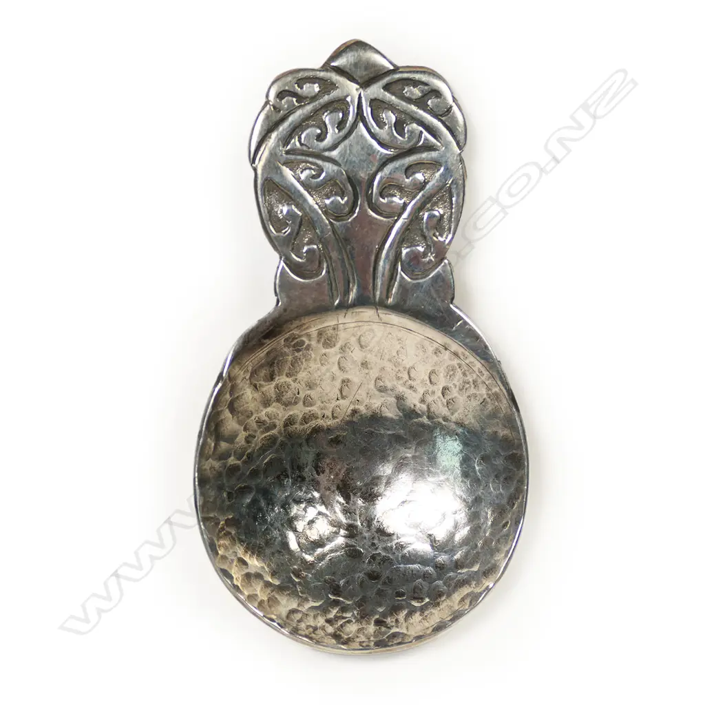 Reuben Watts (Auckland) silver caddy spoon with Maori motif, Image 1++